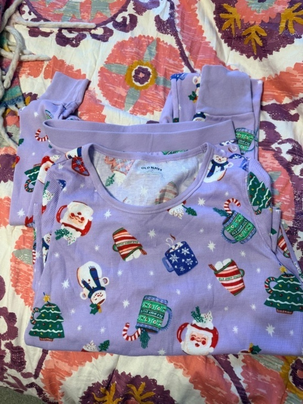 Old Navy Christmas Mug Thermal PJ Set Purple Small Top Small Tall Bottoms